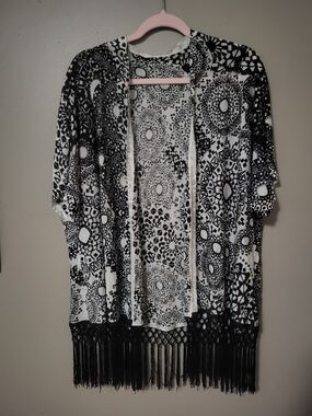 Chico's Black and White Fringe Open-Front Jacket OSFA